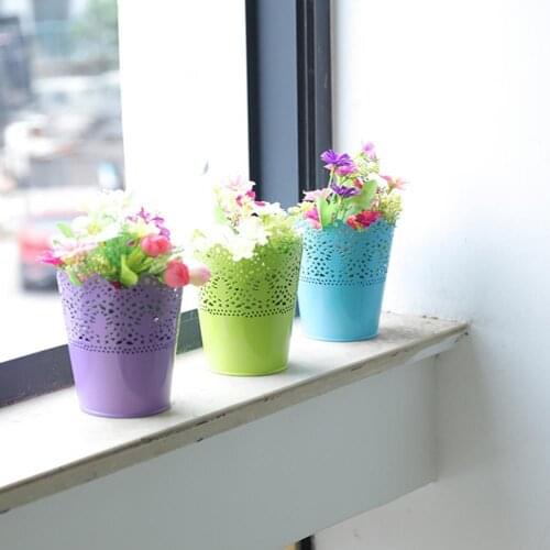 Wrought Iron Flower Pot Pen Holder Fashion Hollow Candy Color Dry Flower Pot Bucket Bonsai Home Office Desktop Decoration