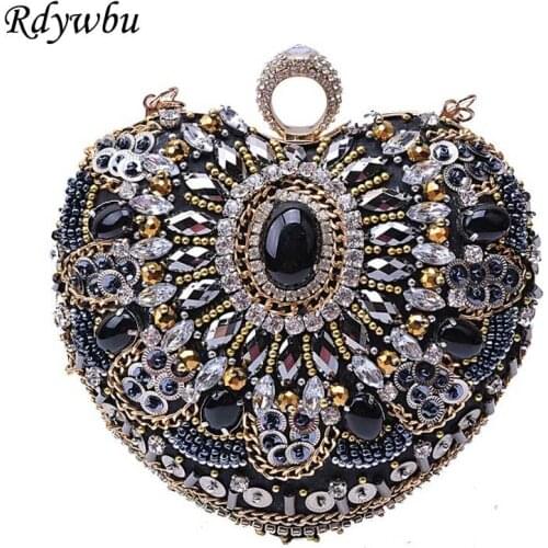 Rdywbu Luxury Beading Heart Evening Bag Women Handmade Finger Ring Clutches Rhinestone Purse Diamonds Wedding Party Handbag B339