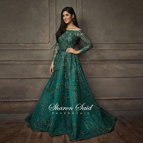 Luxury Dubai Emerald Green Evening Dresses Long Sleeve Elegant Off Shoulder Arabic Women Muslim Formal Dress Wedding Party Gowns