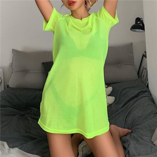 Sexy Bikini Cover Up Swimwear Women Sheer Mesh Swimsuit Bathing Suit See Through Short Sleeve T-shirt Tops Summer Beach Dress