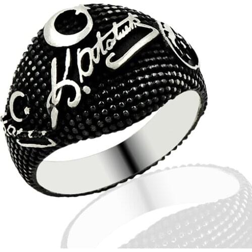 925 Silver Mustafa Kemal Ataturk Printed Nationalist English Men Ring