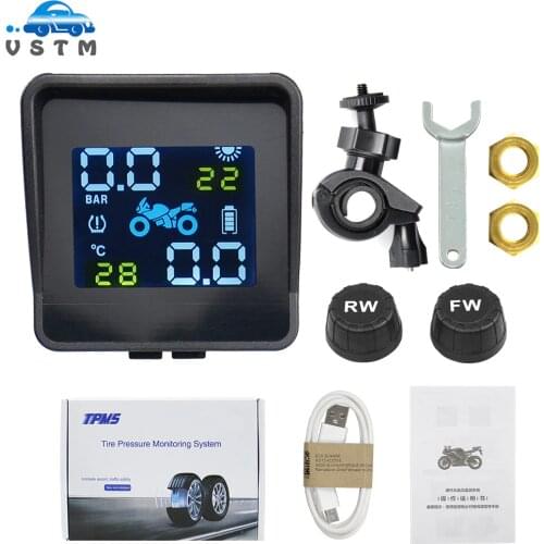2020 USB Solar Charging Motorcycle TPMS Motor Tire Pressure Tyre Temperature Monitoring Alarm System with 2 External Sensors