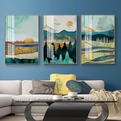 Nordic Abstract Geometric Mountain Landscape Wall Art Canvas Painting Golden Sun Art Poster Print Wall Picture for Living Room