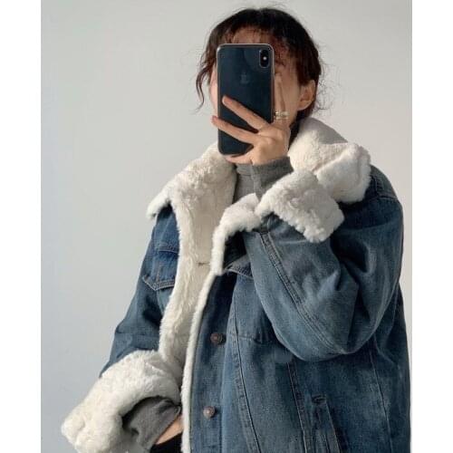 Autumn Winter Retro Warm Imitation Lambs Wool Cowboy Coat Loose Korean BF Women Casual Long Sleeve Denim Jacket Plush Lapel Oute