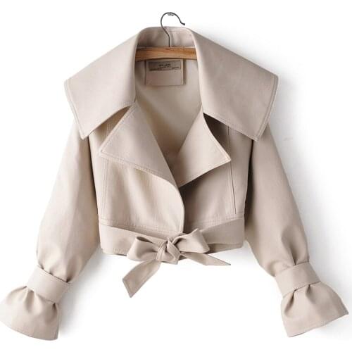 Women long sleeve short coats faux leather jackets turn down collar belt bowtie full lining 3colors SML drop shipping