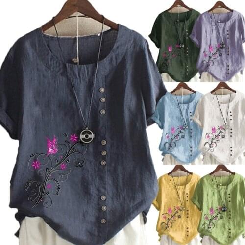 Womens New Fashion Round Neck Short Sleeve Linen Shirt Butterfly Printed T-shirt Summer Ladies Casual Plus Size Blouse Tops