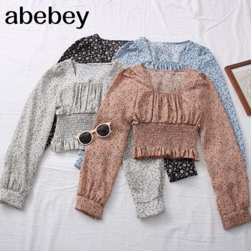 2021 New Spring Korean Floral Chiffon Blouse square collar elastic waist thin chiffon long sleeve printed chiffon shirt