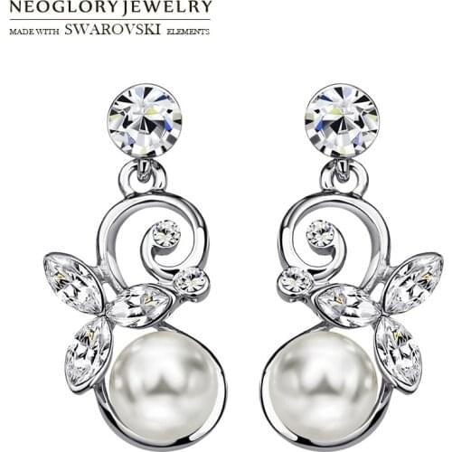 Neoglory Austria Rhinestone & Simulated Pearl Dangle Long Earrings Alloy Plated For Women Exquisite Geometric Gift New Sale
