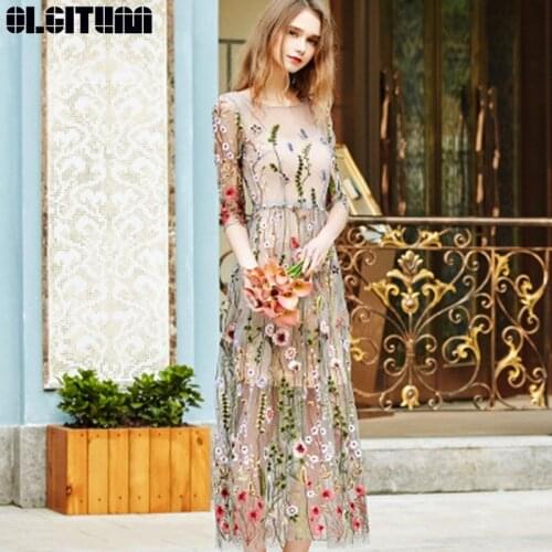OLGITUM Women Vestido Embroidery Party Dresses Runway Floral Bohemian Flower Embroidered 2 Pieces Vintage BohoMesh Dresses DR969