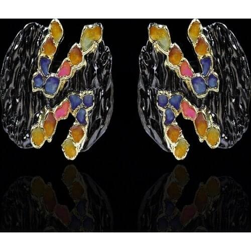 Exquisite Color Epoxy Handmade Enamel Black Gold Earrings Irregular Geometric Shape 925 Silver Womens Earrings Enamel Jewelry