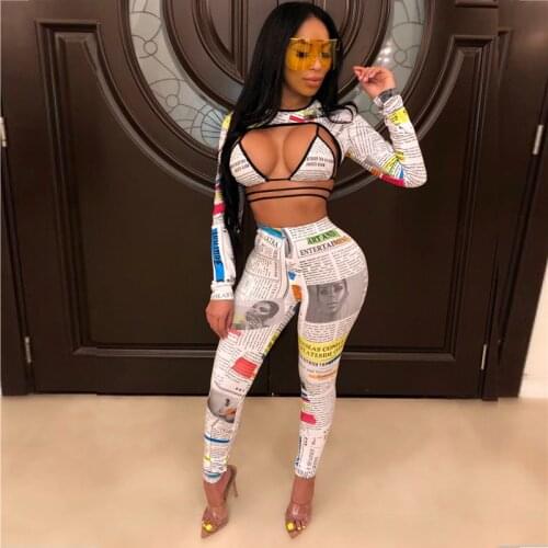 ANJAMANOR Fashion Newspaper Print Sexy Long Sleeve 3 Piece Set Bandage Pant Matching Sets Fall Club Outfits for Woman D36-AA89