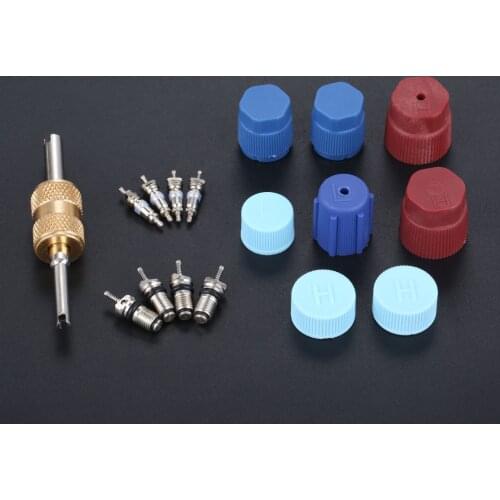 17Pcs Universal Air Conditioning Service R134A R12 R22 A/C AC System Port Cap Valve Cores Seal Kit Stem Remover Tool Assortments