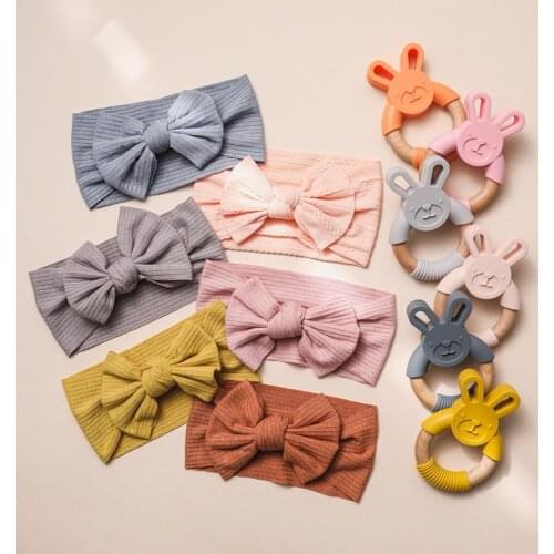 2 PCS New Baby Hair Band Set Baby Animal Silicone Teethers Bows Elastic Headbands Hair Band Nursing Set Gift for Newborn