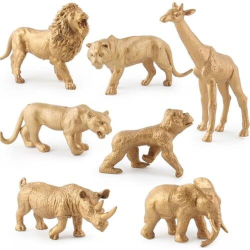 7pcs Gold Version Simulation Animal Model Wildlife Zoo Park Fake Lion Giraffe Elephant Ornament For Kids Xmas Gift Forest Toys