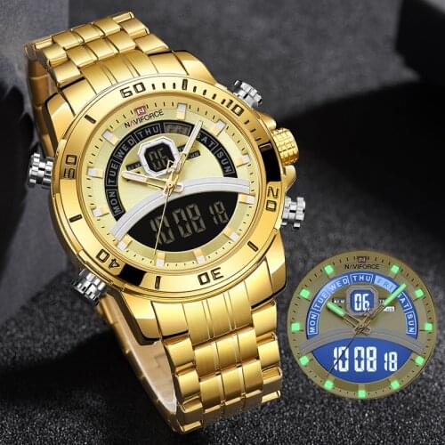 NAVIFORCE Mens Luxury Watches Business Sports Waterproof Dual Time Led Digital Alarm Week Display Creative Wrist Watch For Male