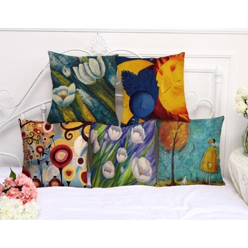 Decorative Pillow Case Color Painting Plant Floral Pillowcase 17.5 Inches Cotton Linen Chair Seat Throw Pillow Cover P1039