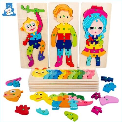 Baby Toys Wooden 3D Puzzle Cartoon Animals Shapes Hand Grab Boards Toy Intelligence Jigsaw Puzzle Kids Learning Educational Toys