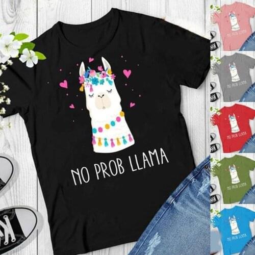 NO PROB LLAMA Alpaca Print T Shirt Women Short Sleeve O Neck Loose Tshirt Summer Women Tee Shirt Tops Camisetas Mujer