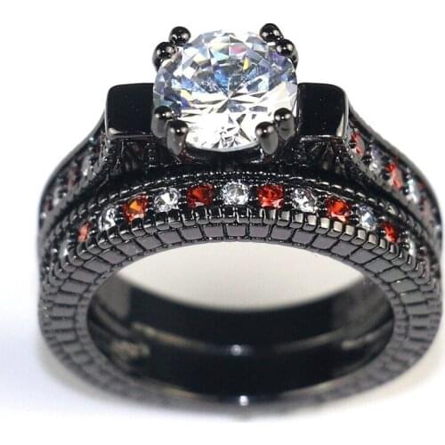 Fashion Red/White Rhinestones Zircon Ring Set Bridal Wedding Engagement Rings Women Accessories Jewelry Girl Gift