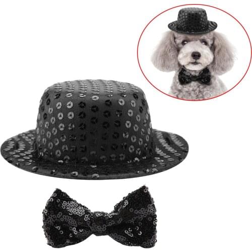 Fashion Cool Pet Cat Dog Cute Costume Cosplay Black Sequin Hat Bow Tie Set Masquerades Party Birthday Pet Puppy Supplies
