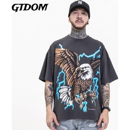 GTDOM Men High Street Casual Fashion Cards Lightning Eagle Oversize Short Sleeve T-Shirt 2021 Summer New Short Sleeve T-Shirt