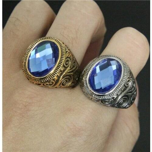 Band Party Hot Pattern Blue Stone Ring 316L Stainless Steel Mens Ring Cool Punk Style Fashion Golden Ring