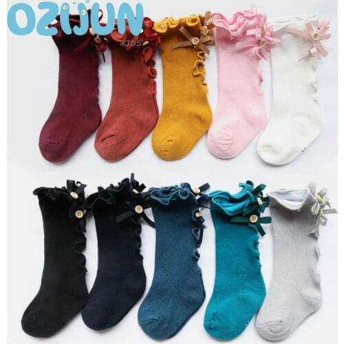 New Arrivals Baby Girls Newborn Cotton Knee-high Socks Trimmed Agaric Laces Bow and Button Kids girls Leg Warmers S/M/L/XL