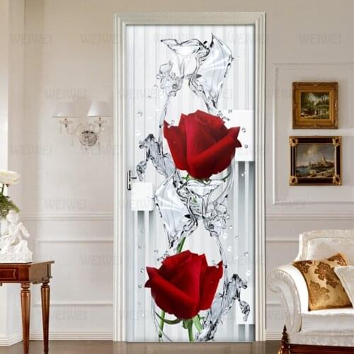 New Style 3D Modern Rose Water Drops Door Sticker Mural PVC Self-adhesive Wallpaper Poster Living Room Bedroom Door Decor Decals