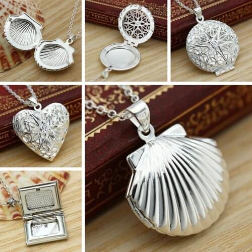 New Fashion Jewelry heart shaped mesh flower photo frame 925 pure silver plated cupper alloy chain Necklace Free shipping