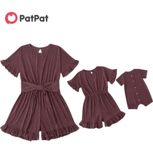 PatPat 2021 New Arrival Mommy and Me Solid Bean Paste Color Ruffle Print Matching Rompers