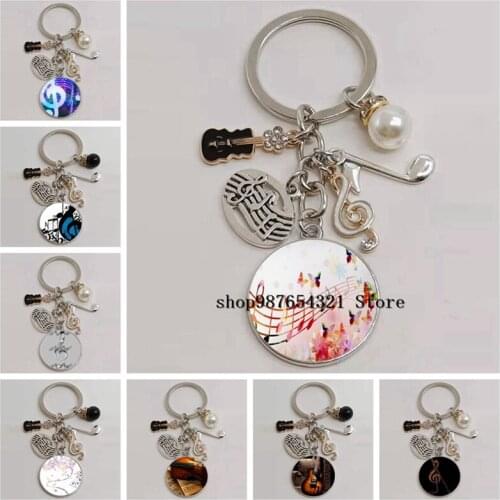New violin note pendant key chain round glass car bag key chain convex glass dome student school bag key chain jewelry