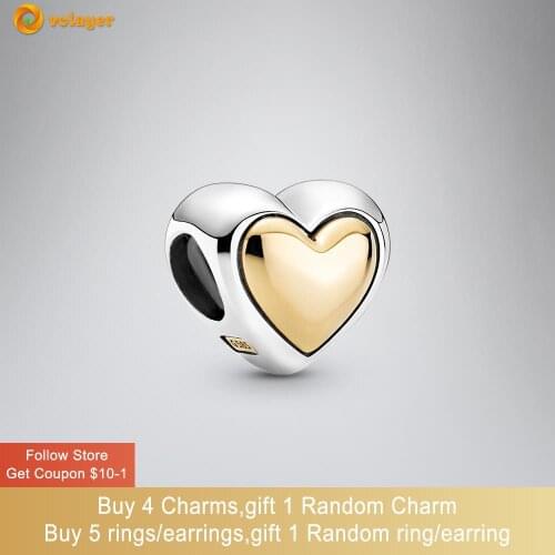 Volayer 925 Sterling Silver Beads Domed Golden Heart Charm fit Original Pandora Bracelets Women Jewelry Making Birthday Gift