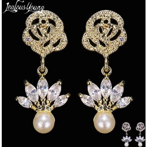 Luxury Female Pearl Drop Earring Charm Silver Color Long Zircon Flower Dangle Earrings for Women Wedding Earrings