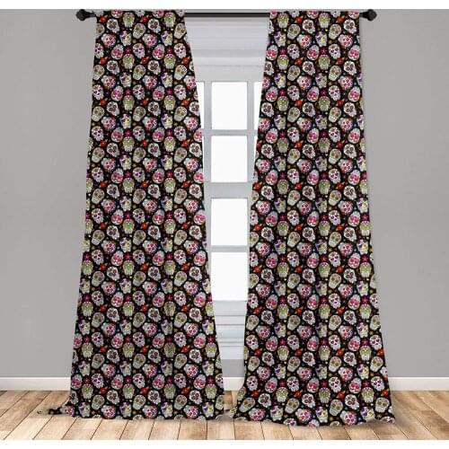 Sugar Skull Curtain Graveyard Mexico Design on Black Backdrop Print Window Treatment Living Room Bedroom