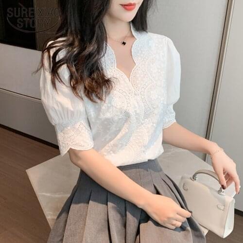 Embroidery Lace Spring Femme Shirt Casual White Tops Girls Blouse Women Short Sleeve Linen Cotton Plus Size Women Blouses 13102