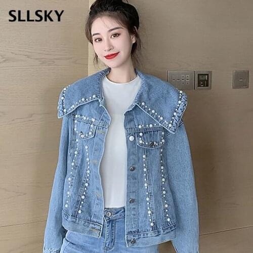 SLLSKY Vintage Women Jean Jacket Fashion Beading Solid Denim Coat Fall New Korean Design Single Breasted Pearls Denim Jackets