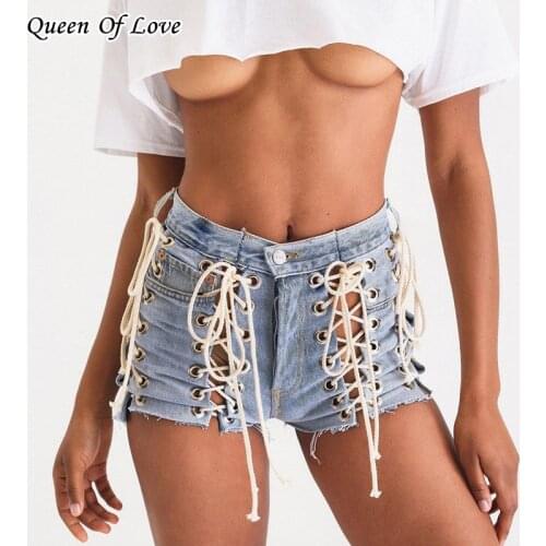 Hight Waist Denim Shorts 2021 Summer Women Fashion Elegant Streetwear Sexy Cross Bandage Hollow Out Jeans Short Pant Y2K