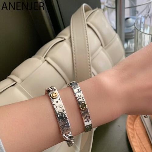 ANENJERY 925 Sterling Silver Star Smiley Face Bangles for Women Men Vintage Open Cuff Bracelet Jewelry S-B496