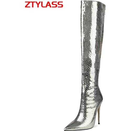 2021 Fahion Women Knee High Boots Sexy Thin High Heel Leopard Boots Ladies Pointed Toe Autumn Winter Shoes Woman Sliver Blue