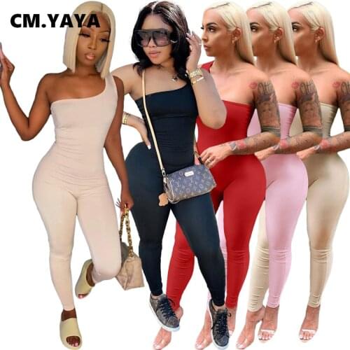 CM.YAYA Women Jumpsuit Solid Sleeveless One-shoulder Sheath Elastic Full Length Jumpsuits Female High Street Clothing Summer