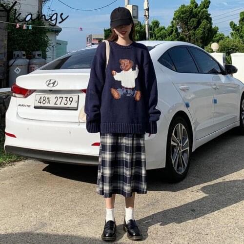 Autumn Winter Warm 2pcs suit 2020 Women loose knitted Cartoons oversize sweater+vintage Plaid Pleated skirt Harajuku Streetwear