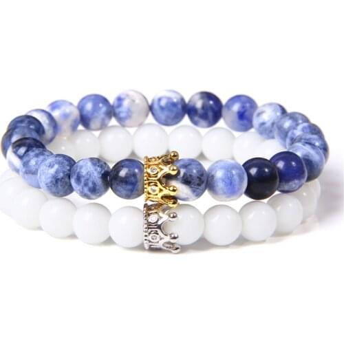 2pcs/set Couple Bracelet Natural Stone Agat Beads Crown Charm Bracelets For Women Men Lover Best Friend Exquisite Jewelry Reiki
