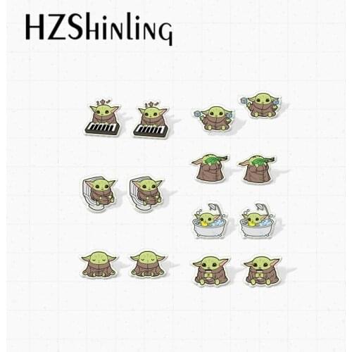 2021 New Arrival Kawaii Baby Yoda Loves Shower Take a Bath Life Graffiti Epoxy Acrylic Resin Stud Earrings