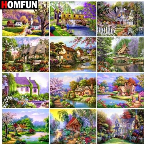 HOMFUN Diamond Painting Full Square/Round Diamond "House lake forest" Pattern Embroidery Cross Stitch 5D Rhinestone Painting