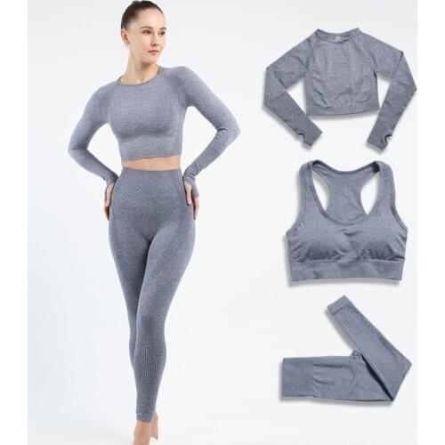 Seamless Women Yoga Set Workout Sportswear Gym Clothing Fitness Long Sleeve Crop Top High Waist Leggings+Sport Bra Sports Suits