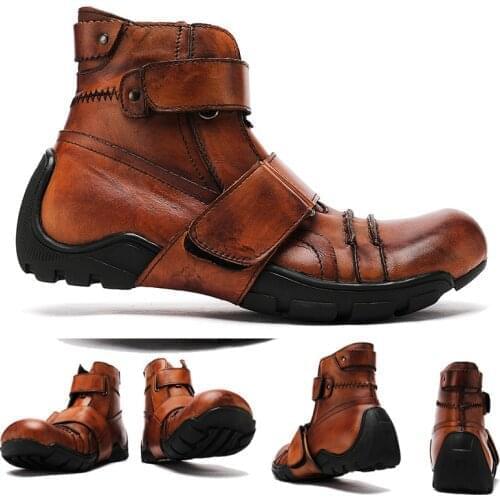Genuine Leather Boots Cowboy Boots Martins Shoes Punk Men Casual Boots Dr Motorcycle Boots Ankle Men Riding Boots Fashion Brown