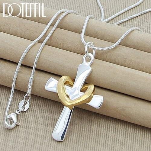 DOTEFFIL 925 Sterling Silver 18 Inch Snake Chain Cross Heart Pendant Necklace For Woman Wedding Engagement Party Charm Jewelry