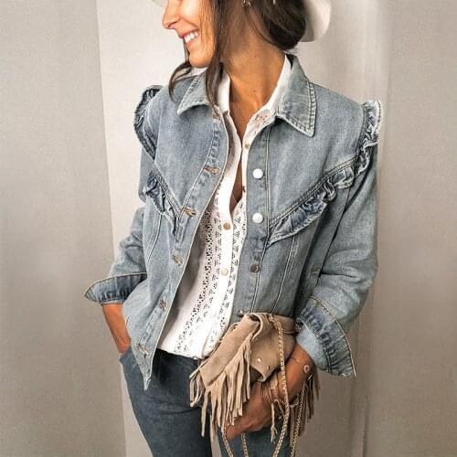 2021 Ruffles Denim Jacket for Women Casual Pocket Jacket Spring Autumn Femme Overcoat Long Sleeve Single Breasted Chic Jean Coat