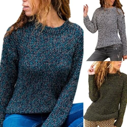 Hot kf-WomenS Fashion Mixed Color Knitted Casual Pullover Long Sleeve Sweater