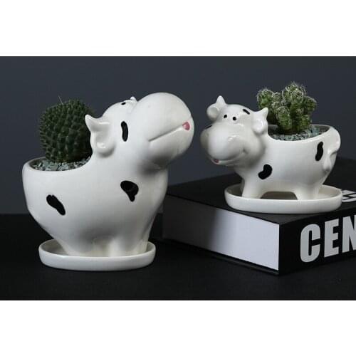 Cute Cartoon Mini Cow Flower Pot Ceramics Flowerpot Succulent Plant Container Green Planters Small Bonsai Pots Home Decoration